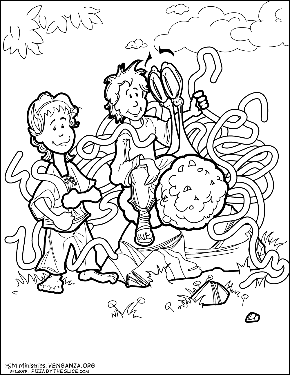 Children Speak with Flying Spaghetti Monster in the Garden · Coloring Page Flying