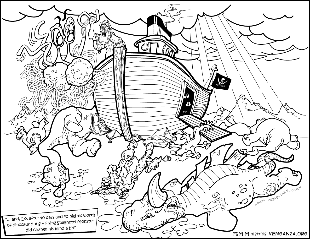 Coloring Page Flying Spaghetti Monster and Noah Ark and Dinosaurs Flying Spaghetti Monster Noah his Ark & real fate of Dinosaurs · Coloring Page